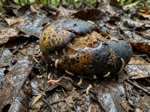 Macro View Of Decomposing Fruit With Worms On Wet Leaves