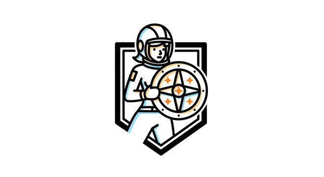 Astronaut Warrior with Shield Emblem, Space Explorer, Retro Sci-Fi Badge