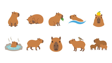 Obraz premium Cute capybara character set in various poses and activities
