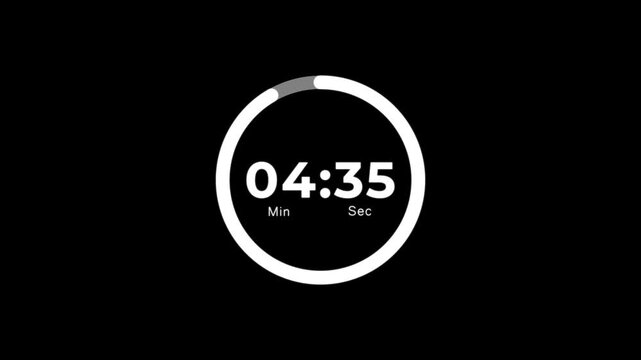 5 Minute countdown animation on black background.Digital Countdown timer one minute animation on transparent background.