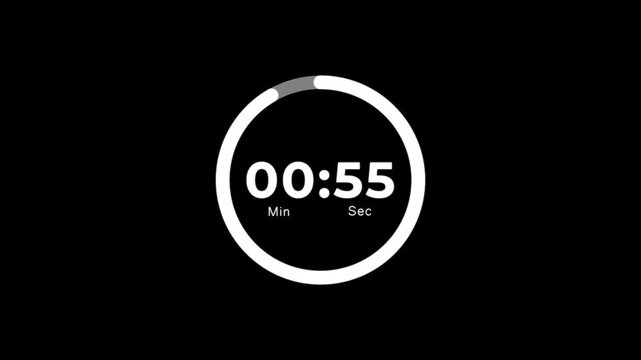 1 Minute countdown animation on black background.Digital Countdown timer one minute animation on transparent background.