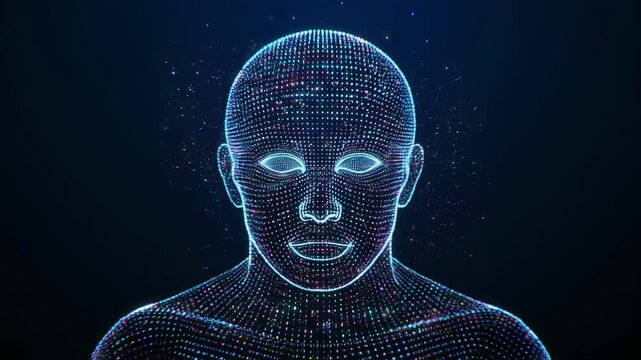 Abstract digital face made of glowing blue and multicolored particles