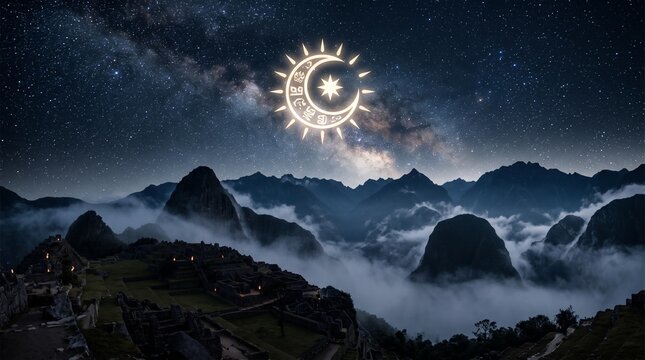 Killa Raymi, sacred moon symbol above misty Andes landscape with glowing stars and stone temple silhouettes