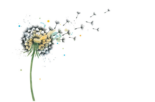 Beautiful watercolor dandelion flower with flying seeds on a clean white background design