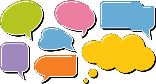 Eight colorful speech and thought bubble shapes on a white background speech bubble