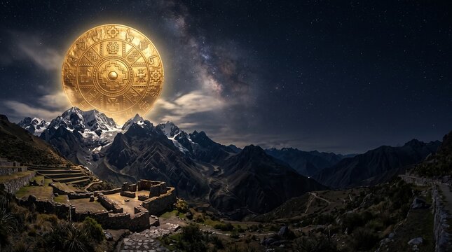 Killa Raymi, magnificent golden moon disc with ancient Inca geometric carvings, glowing moonlight over Andean mountains