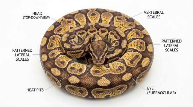 Ball python snake coiled in a circle with anatomy labels