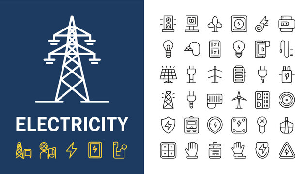 Electricity power pylon and energy icons set on blue background Keywords: electricity, power