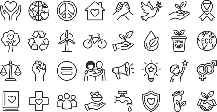 Environmental social awareness icon set line art symbols for sustainability charity and global issues