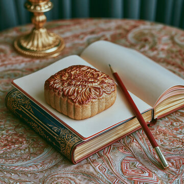 Mooncake on Open Notebook with Pencil and Ornate Table Setting