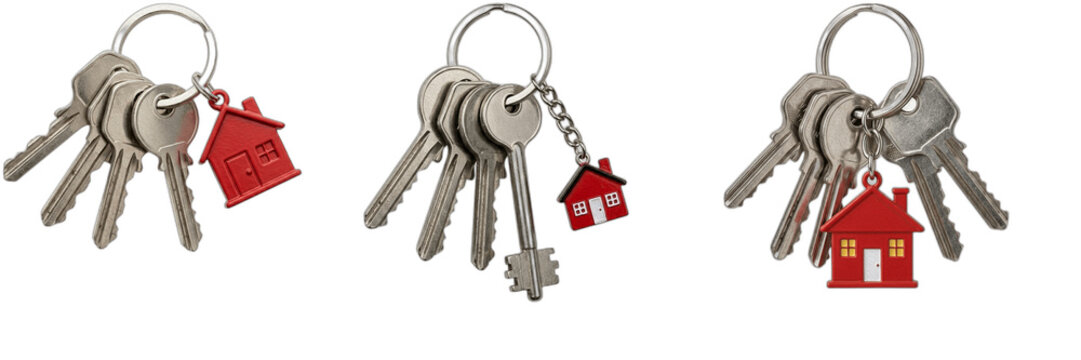 House Keys with Red Home Keychain PNG Clipart Set, Isolated Real Estate Graphic Elements for Property Ownership, Mortgage Buying, New Homeowner Marketing Concept, Metallic Key Ring Bundle Vector Illus