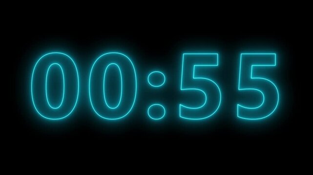 Neon 1 minute countdown animation on a transparent background.