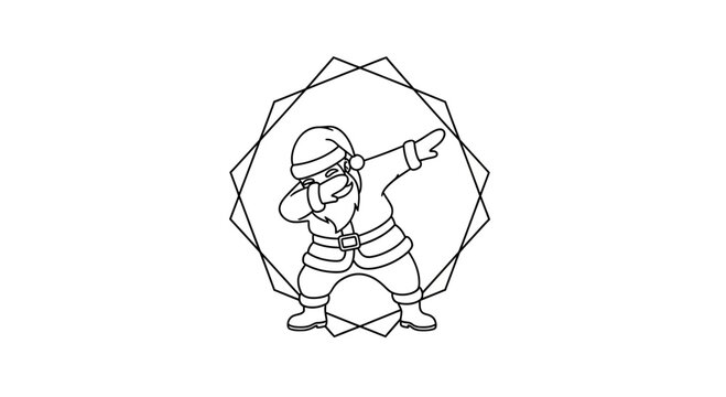 Santa Claus Dab Pose Outline Vector Illustration with Geometric Frame