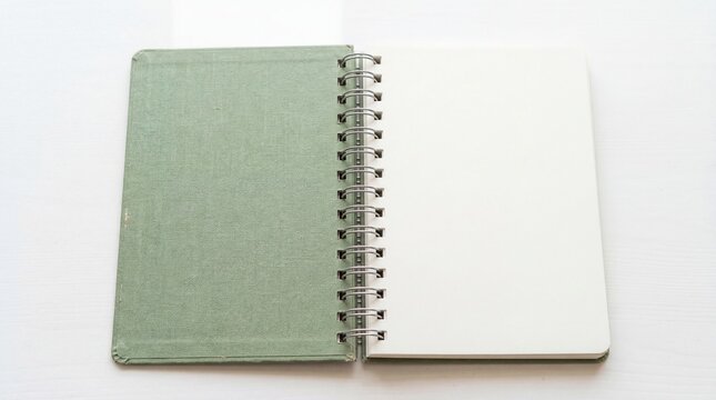 Open spiral notebook with green textured cover