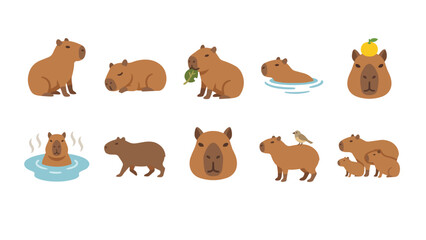 Obraz premium Cute capybara character set in different poses and activities