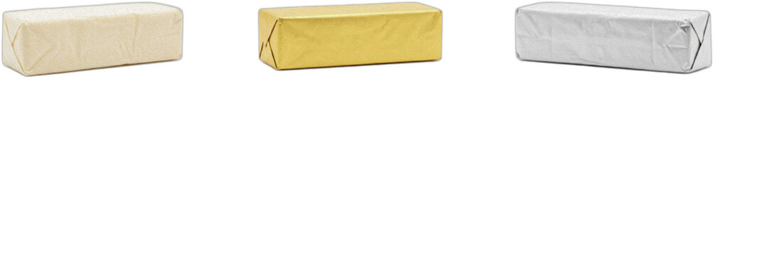 Three Blocks of Butter Sticks and Margarine in Foil Wrapper Isolated on Transparent Background, Dairy Food Product Pack Set Vector PNG