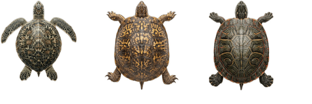Three Detailed Turtles and Tortoises Top View Isolated on Transparent Background, Reptile Wildlife Terrapin Set Vector PNG