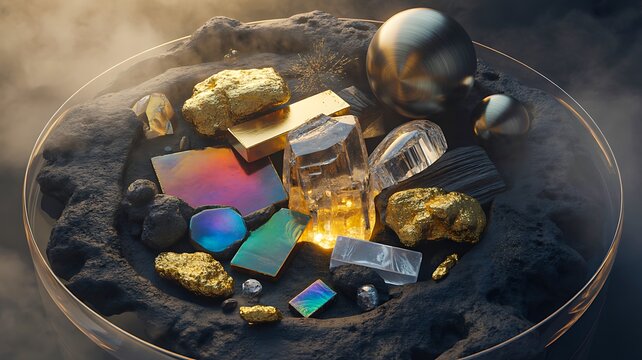 Collection of natural minerals gemstones and crystal specimens on dark surface
