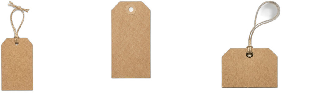 Blank Kraft Paper Gift Tags PNG Clipart Set, Brown Cardboard Price Label Graphic Elements with Jute String, Isolated Eco Friendly Hang Tags Template for Wedding Favors, Christmas Present Wrap, Craft C