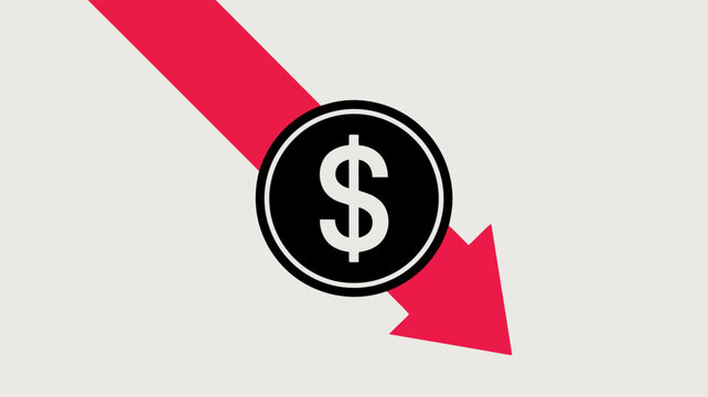 Red downward arrow and black coin with white dollar sign finance money