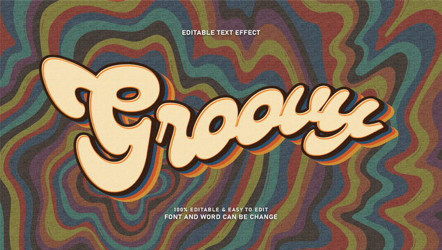 Retro psychedelic groovy editable text effect 70s vintage script font style vector template