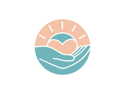 mental health care logo han holding sun and heart healing hope community badge vector