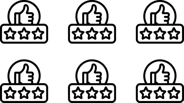 Six identical thumbs up rating icons with three stars on white background review feedback