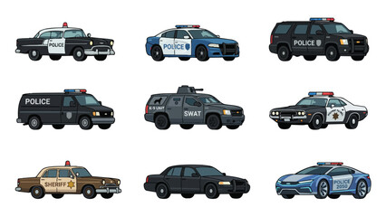 Different types of police cars from vintage to future designs © rama coloring studio
