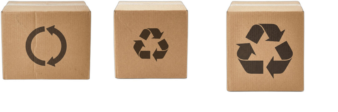 Three Cardboard Eco Boxes with Recycle Symbols Isolated on Transparent Background, Kraft Paper Shipping Box Set Vector PNG