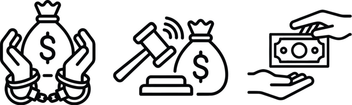 Set of black line icons showing bribery corruption illegal money and law concepts with money bag handcuffs gavel and cash exchange symbols for business and finance design Vector