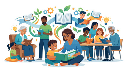 A diverse group of people from various age groups reading and learning together in a colorful, vibrant setting with books and educational symbols. © Andin