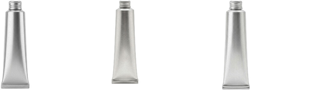 Three Blank Silver Aluminum Cosmetic Tubes Isolated on Transparent Background, Metallic Paint or Cream Tube Mockup Set Vector PNG