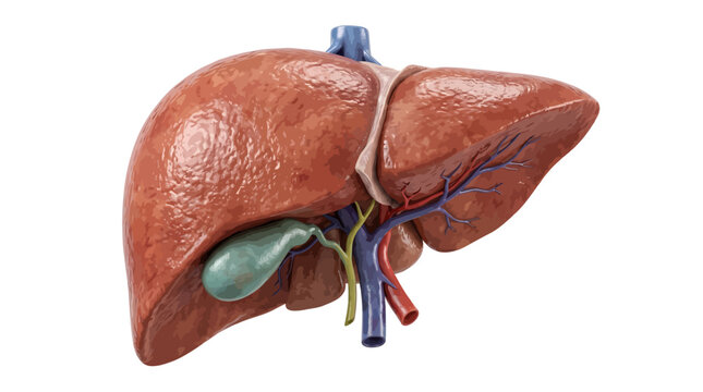 Detailed anatomical illustration of a human liver with gallbladder and blood vessels on a white background.