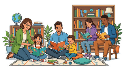 A diverse family of six sitting on the floor and a chair, reading books together in a cozy living room with bookshelves and plants. © Andin
