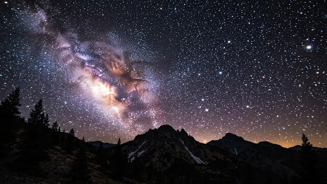 Breathtaking panning shot of the glowing galactic core and distant stars above a silhouetted mountain ridge in the wilderness