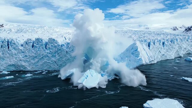 Aerial view of a giant ice wall crashing into the sea during an intense arctic timelapse of a moving glacier