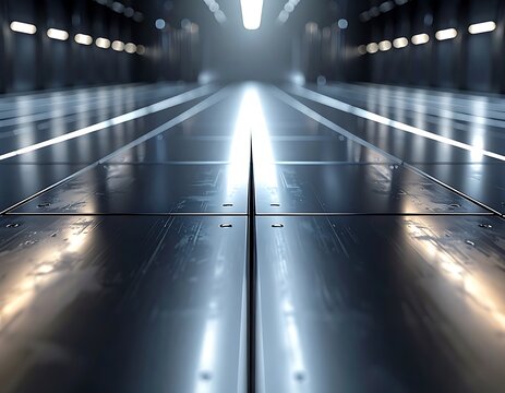 Shiny metal train tracks tunnel perspective.