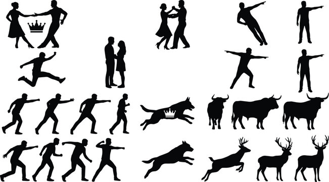 Black Silhouette Collection &mdash; Dancing Couples, Running People, Dog, Bull & Deer Vector Icon Set