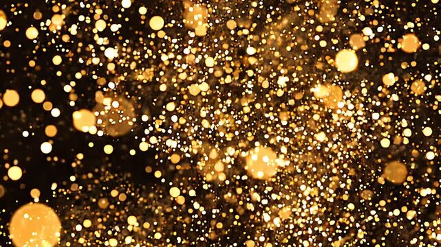 Golden particles sparkle and shine in a dark room with warm lighting effects everywhere
