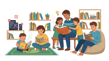 A family of six people reading books together in a cozy room with bookshelves and a warm atmosphere. © Nur