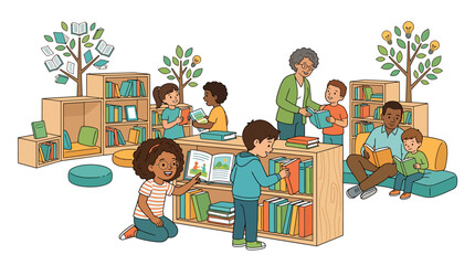 Illustration of diverse children and teacher interacting with bookshelves and educational materials in a colorful classroom setting with a playful mood. © Nur