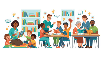 Illustration of diverse group of people including children and adults reading and learning together in a classroom setting with books and educational materials. © Nur