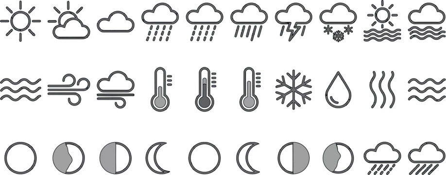 Set of simple weather icons including sun clouds rain storm temperature thermometer snowflake and moon phases for meteorological reports and mobile app interface design elements Vector