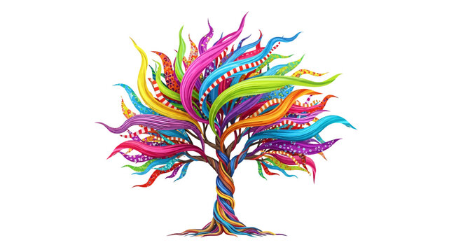 Colorful tree with rainbow leaves and twisted trunk
