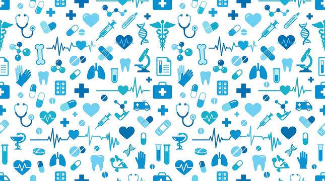 Medical pattern displays a repeating arrangement of blue healthcare icons against a clean white background.