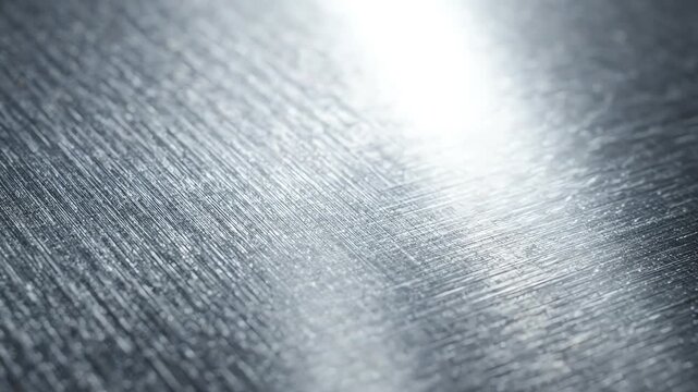 Cinematic close up of a brushed silver steel texture with sharp light reflections moving across the polished metallic surface