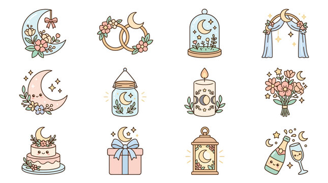 Cute Celestial Wedding and Celebration Icons: Moon, Stars, Flowers, Cake, Rings, Gifts