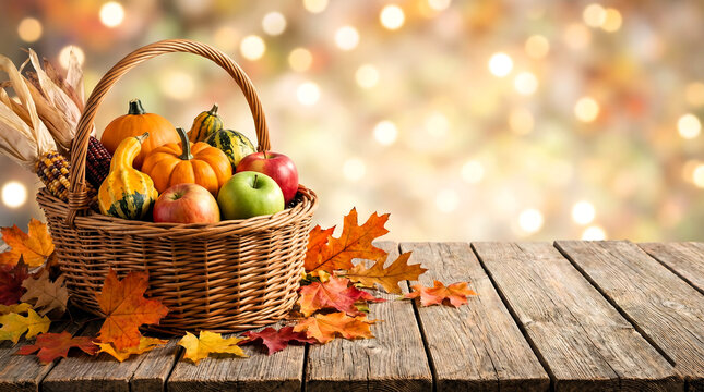 Autumn Harvest Basket with Pumpkins, Apples and Colorful Fall Leaves on Rustic Wooden Table