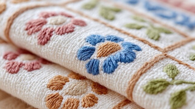 a close-up view displays textured white fabric featuring delicate, colorful floral embroidery in blue, pink, and orange, accented by green leaves and outlined in gold thread.
