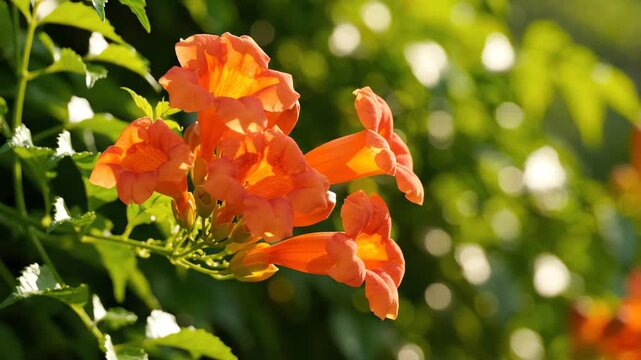 Cinematic close up of vibrant orange trumpet vine flowers swaying gently in the breeze against a lush green foliage background